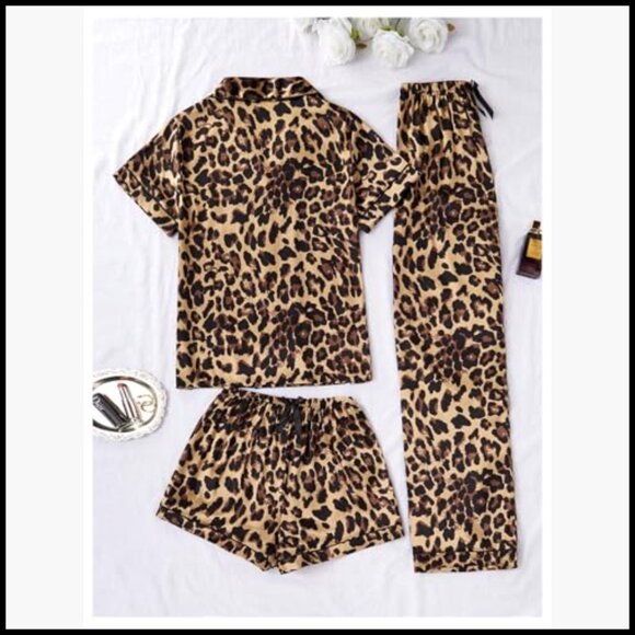 3 Piece Leopard Print Pajama Set Short Sleeve Button Down Shirt Shorts - Picture 3 of 5